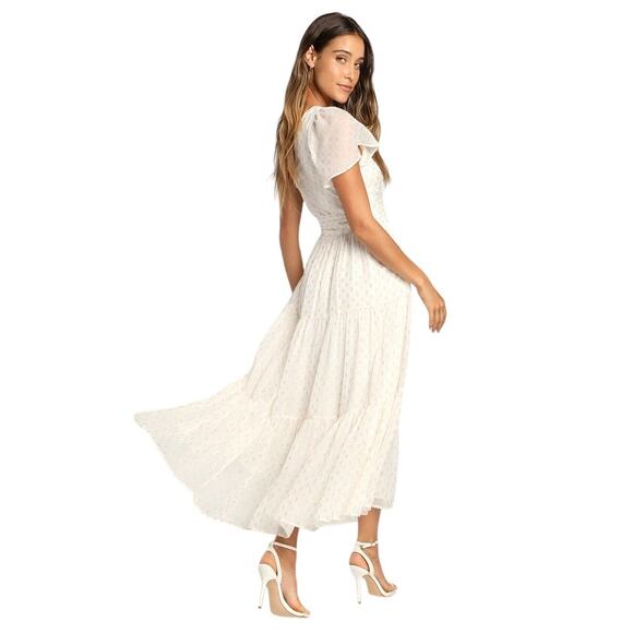 Lulus Shining Sight Midi Dress S White Metallic Gold Dotted One Shoulder Fairy - Picture 5 of 16